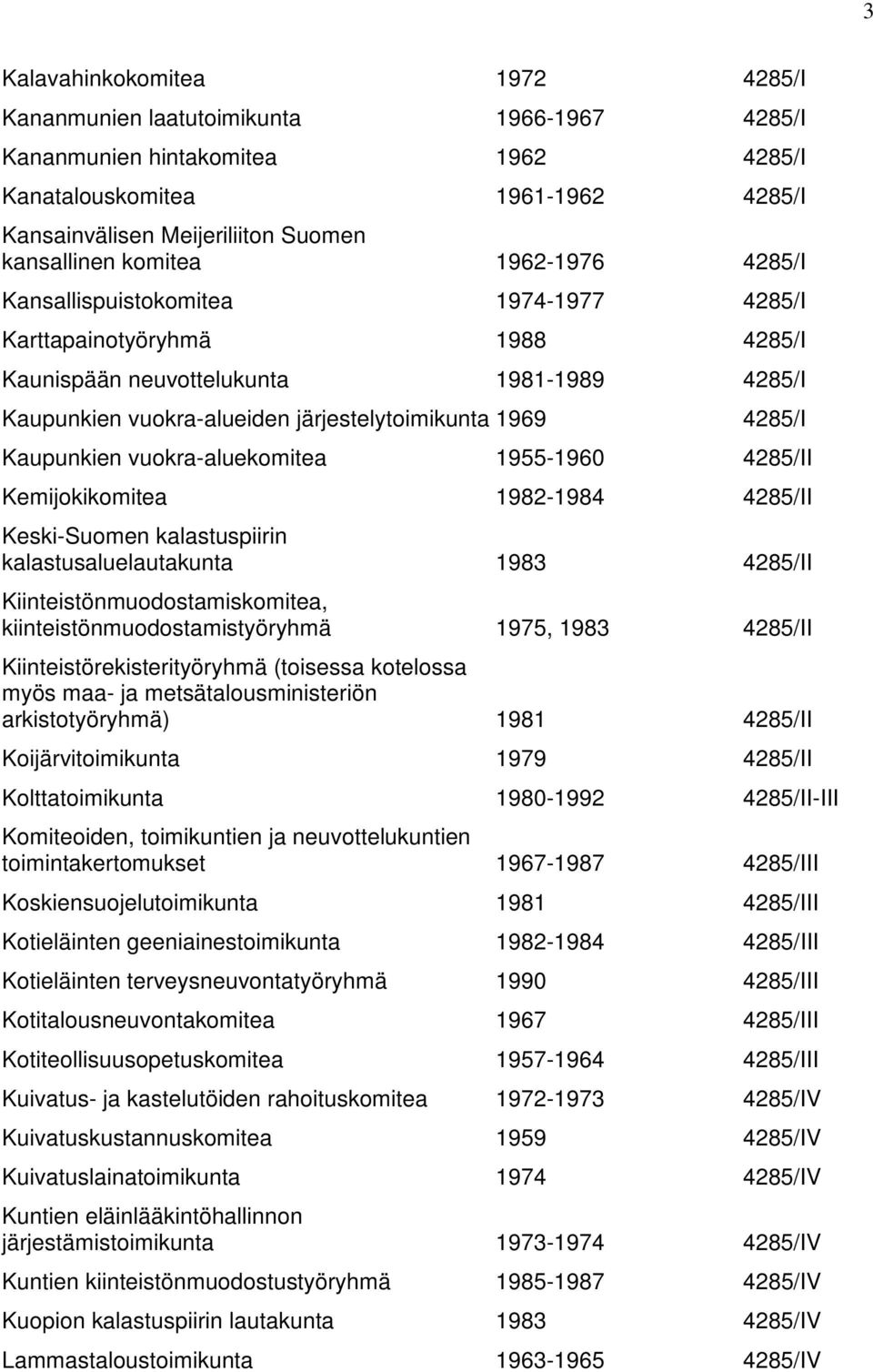 4285/I Kaupunkien vuokra-aluekomitea 1955-1960 4285/II Kemijokikomitea 1982-1984 4285/II Keski-Suomen kalastuspiirin kalastusaluelautakunta 1983 4285/II Kiinteistönmuodostamiskomitea,