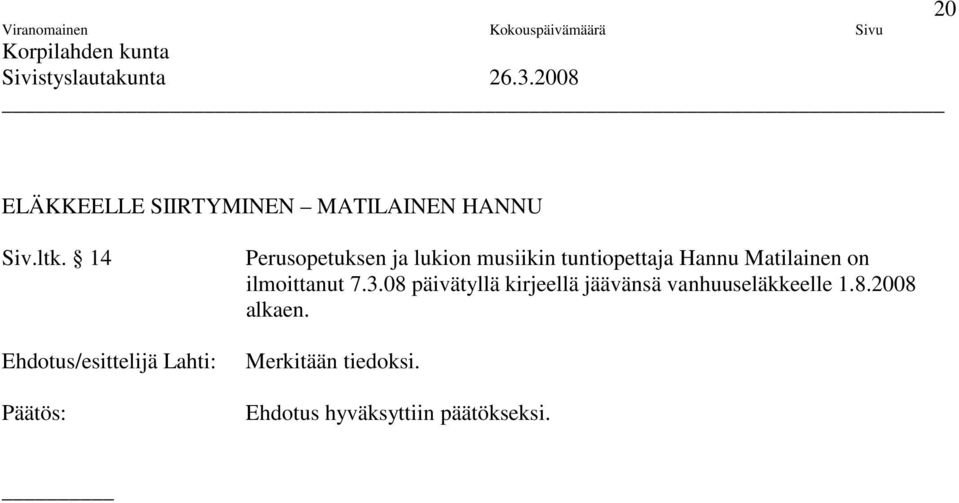 tuntiopettaja Hannu Matilainen on ilmoittanut 7.3.