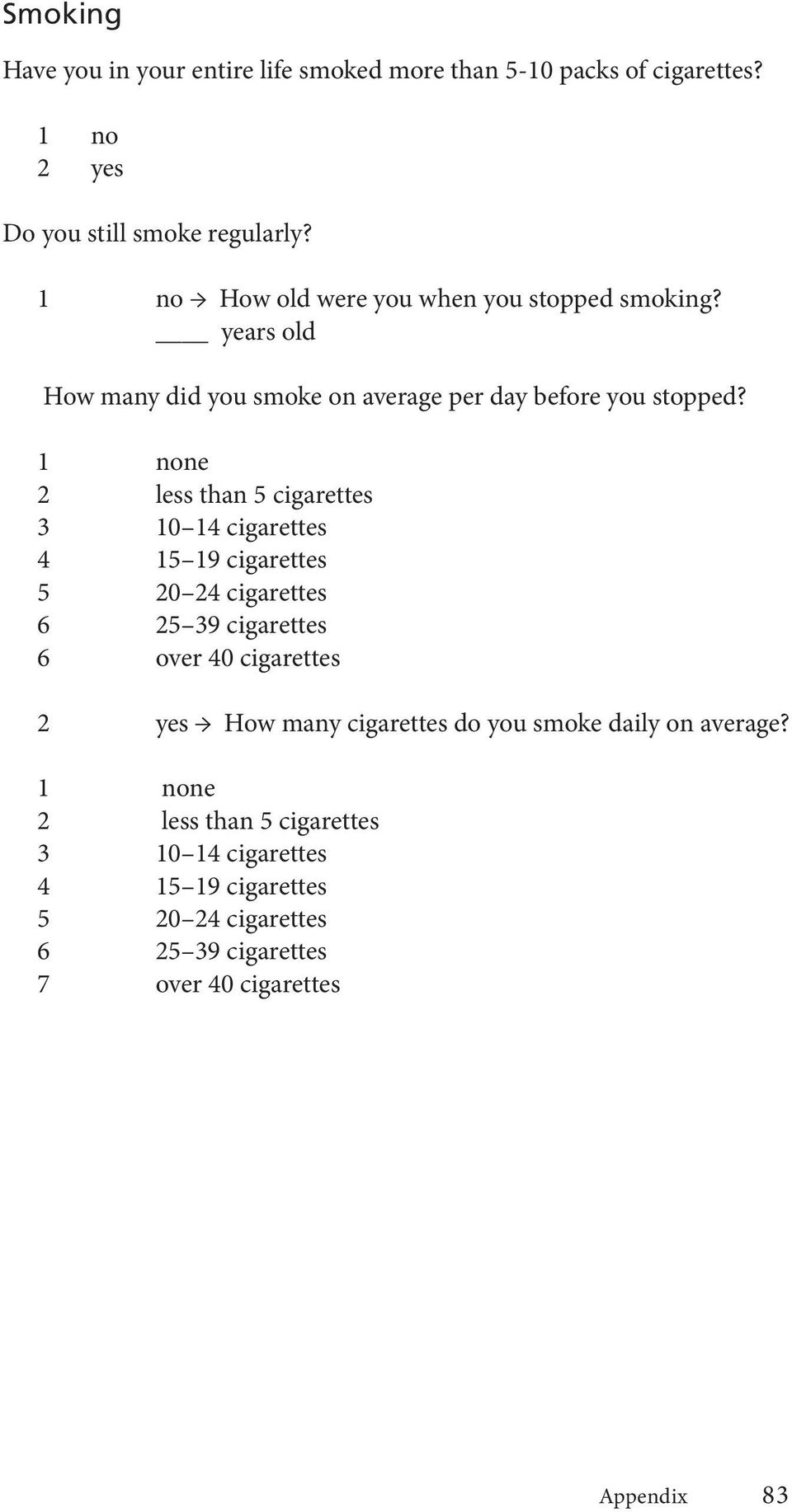 1 none 2 less than 5 cigarettes 3 10 14 cigarettes 4 15 19 cigarettes 5 20 24 cigarettes 6 25 39 cigarettes 6 over 40 cigarettes 2 yes How