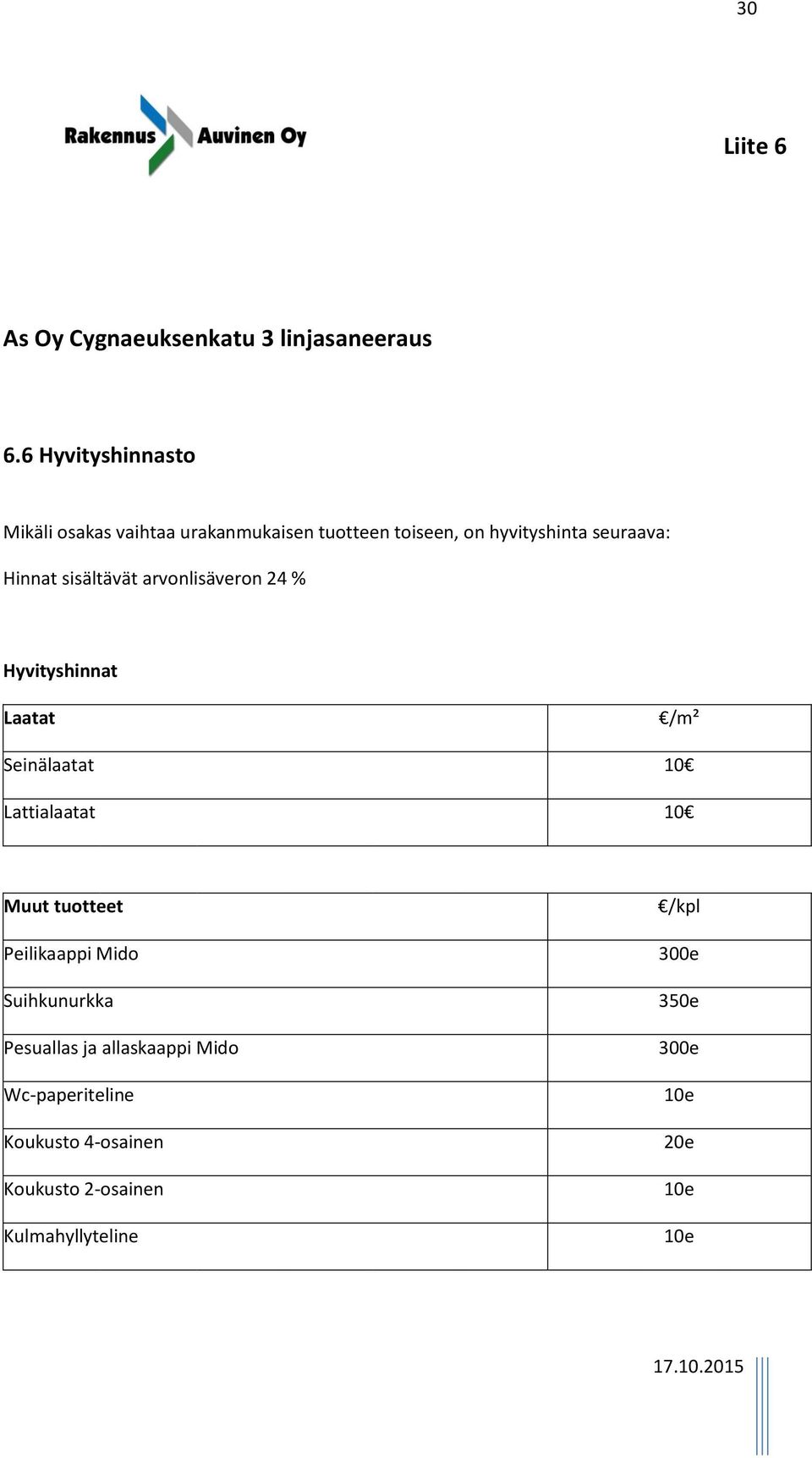 sisältävät arvonlisäveron 24 % Hyvityshinnat Laatat /m² Seinälaatat 10 Lattialaatat 10 Muut tuotteet