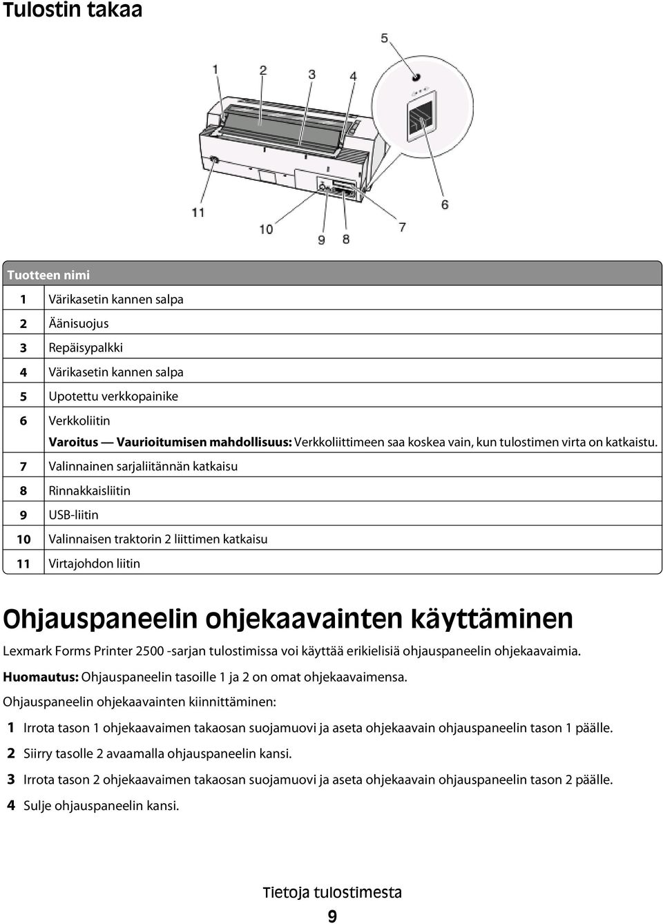 7 Valinnainen sarjaliitännän katkaisu 8 Rinnakkaisliitin 9 USB-liitin 10 Valinnaisen traktorin 2 liittimen katkaisu 11 Virtajohdon liitin Ohjauspaneelin ohjekaavainten käyttäminen Lexmark Forms