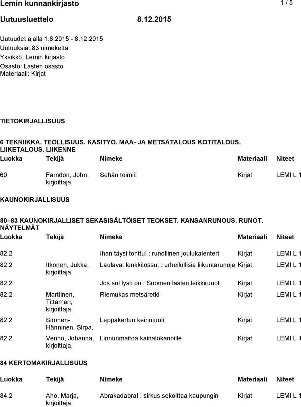 KANSANRUNOUS. RUNOT. NÄYTELMÄT 82.2 Ihan täysi tonttu! : runollinen joulukalenteri Kirjat LEMI L 1 82.2 Itkonen, Jukka, Laulavat lenkkitossut : urheilullisia liikuntarunoja Kirjat LEMI L 1 82.