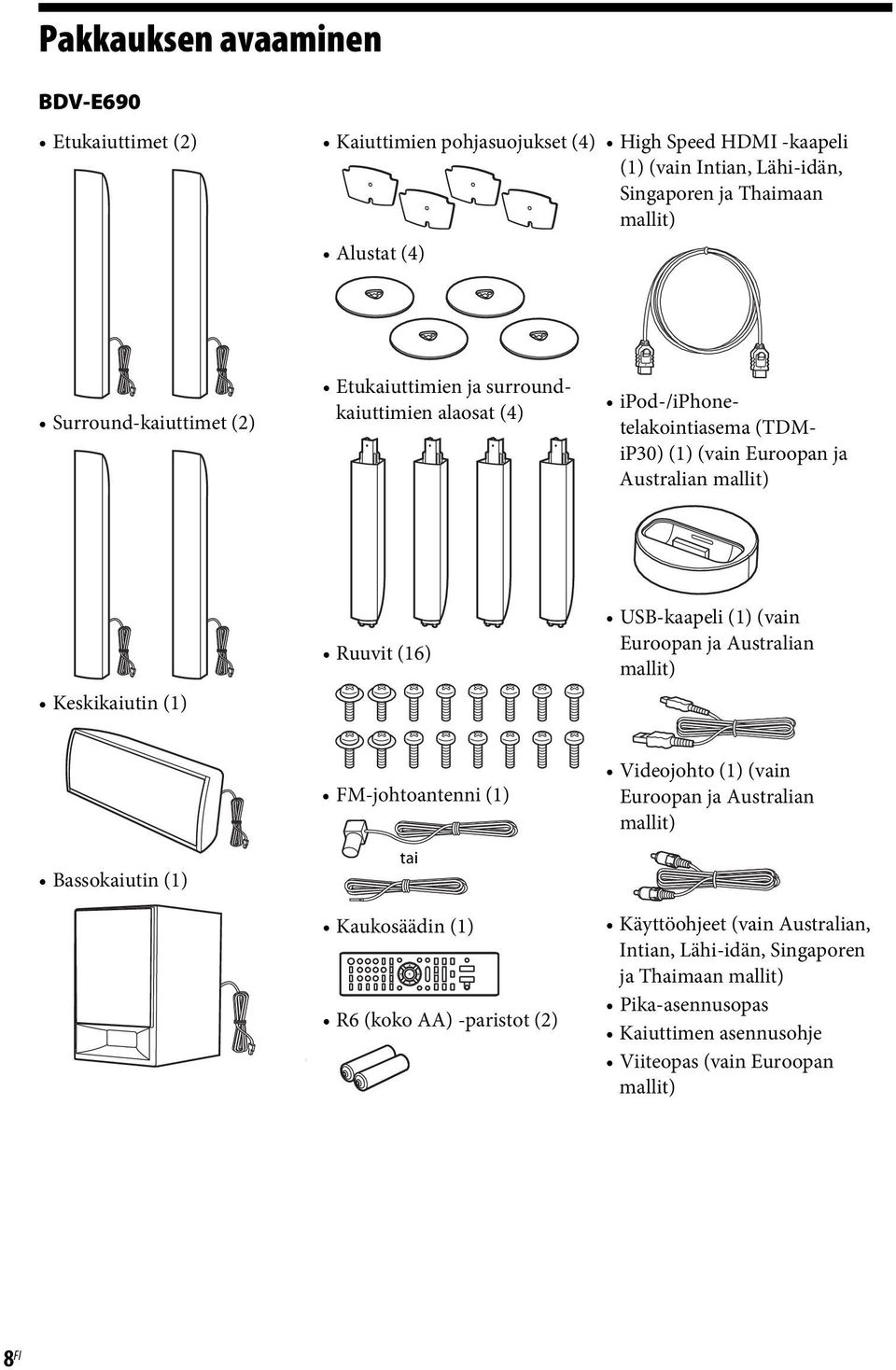 (16) USB-kaapeli (1) (vain Euroopan ja Australian mallit) Bassokaiutin (1) FM-johtoantenni (1) tai Kaukosäädin (1) R6 (koko AA) -paristot (2) Videojohto (1) (vain Euroopan ja