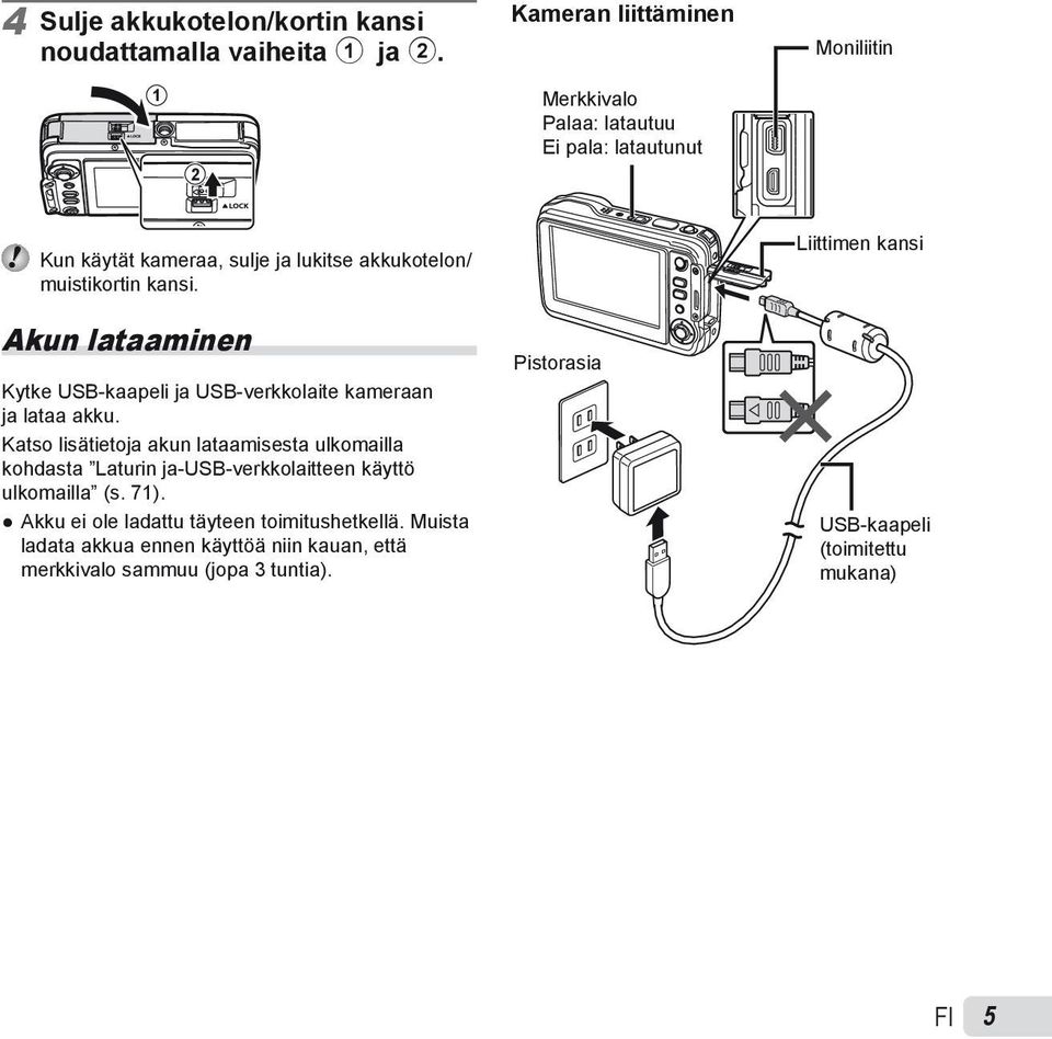 Akun lataaminen Kytke USB-kaapeli ja USB-verkkolaite kameraan ja lataa akku.