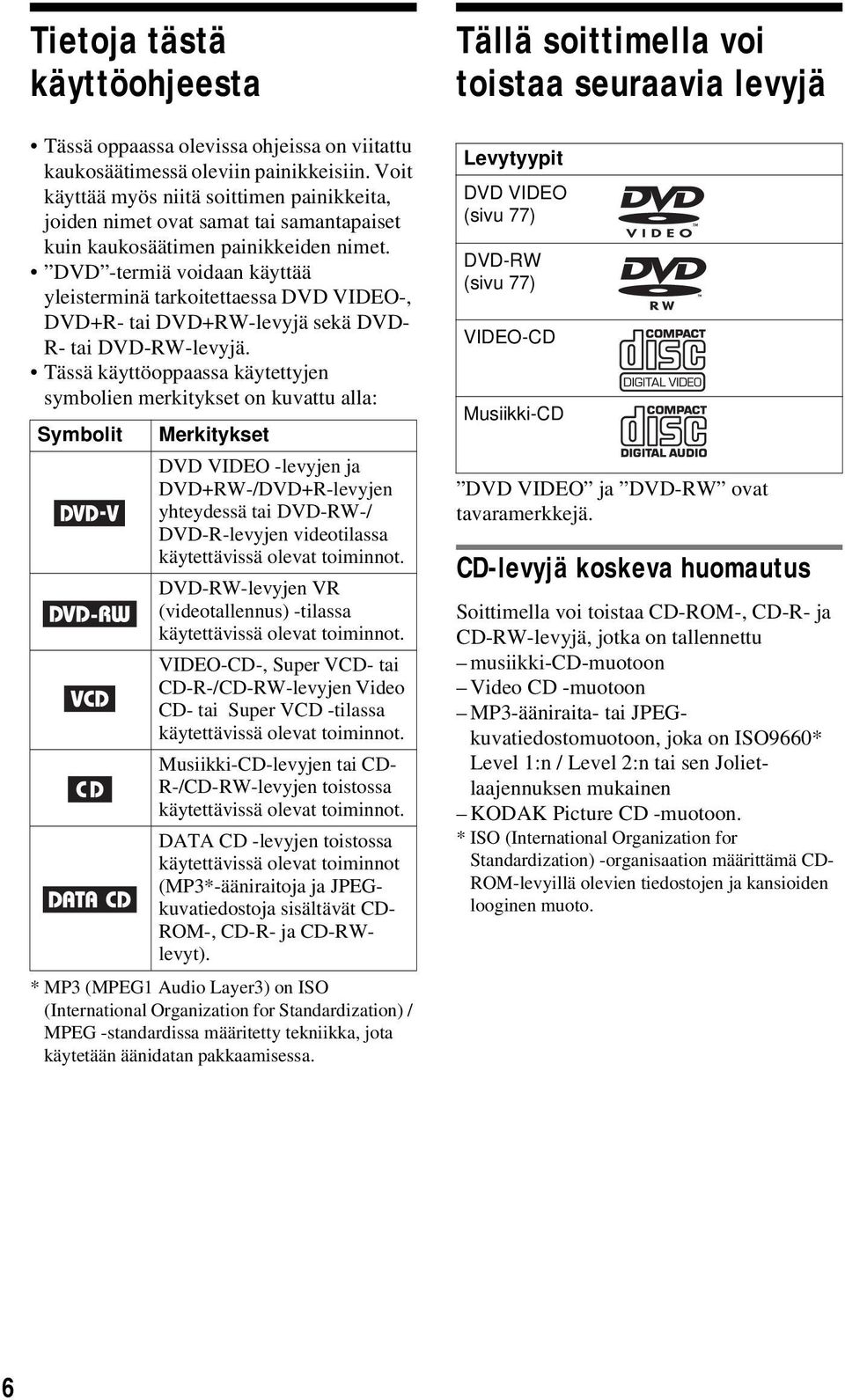 DVD -termiä voidaan käyttää yleisterminä tarkoitettaessa DVD VIDEO-, DVD+R- tai DVD+RW-levyjä sekä DVD- R- tai DVD-RW-levyjä.