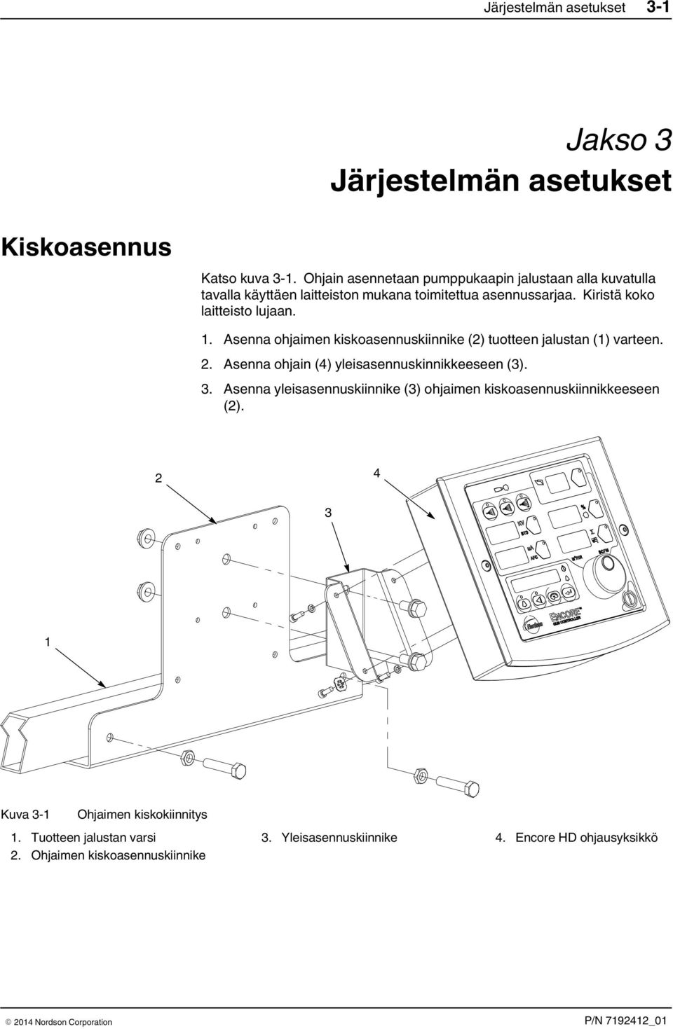 Kiristä koko laitteisto lujaan. 1. Asenna ohjaimen kiskoasennuskiinnike (2) tuotteen jalustan (1) varteen. 2.