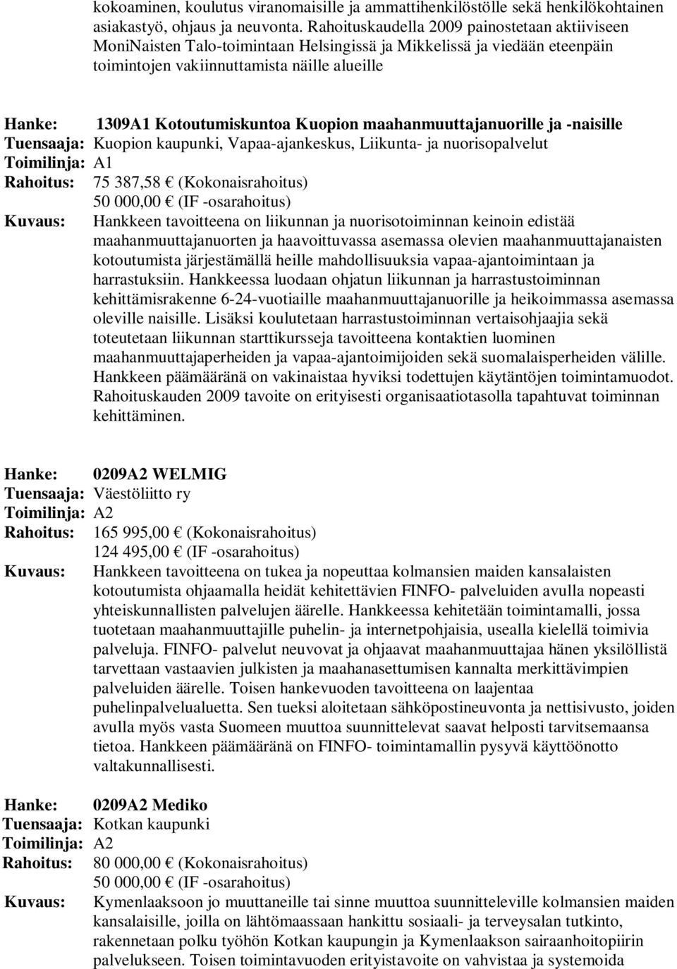 Kuopion maahanmuuttajanuorille ja -naisille Tuensaaja: Kuopion kaupunki, Vapaa-ajankeskus, Liikunta- ja nuorisopalvelut Rahoitus: 75 387,58 (Kokonaisrahoitus) 50 000,00 (IF -osarahoitus) Kuvaus: