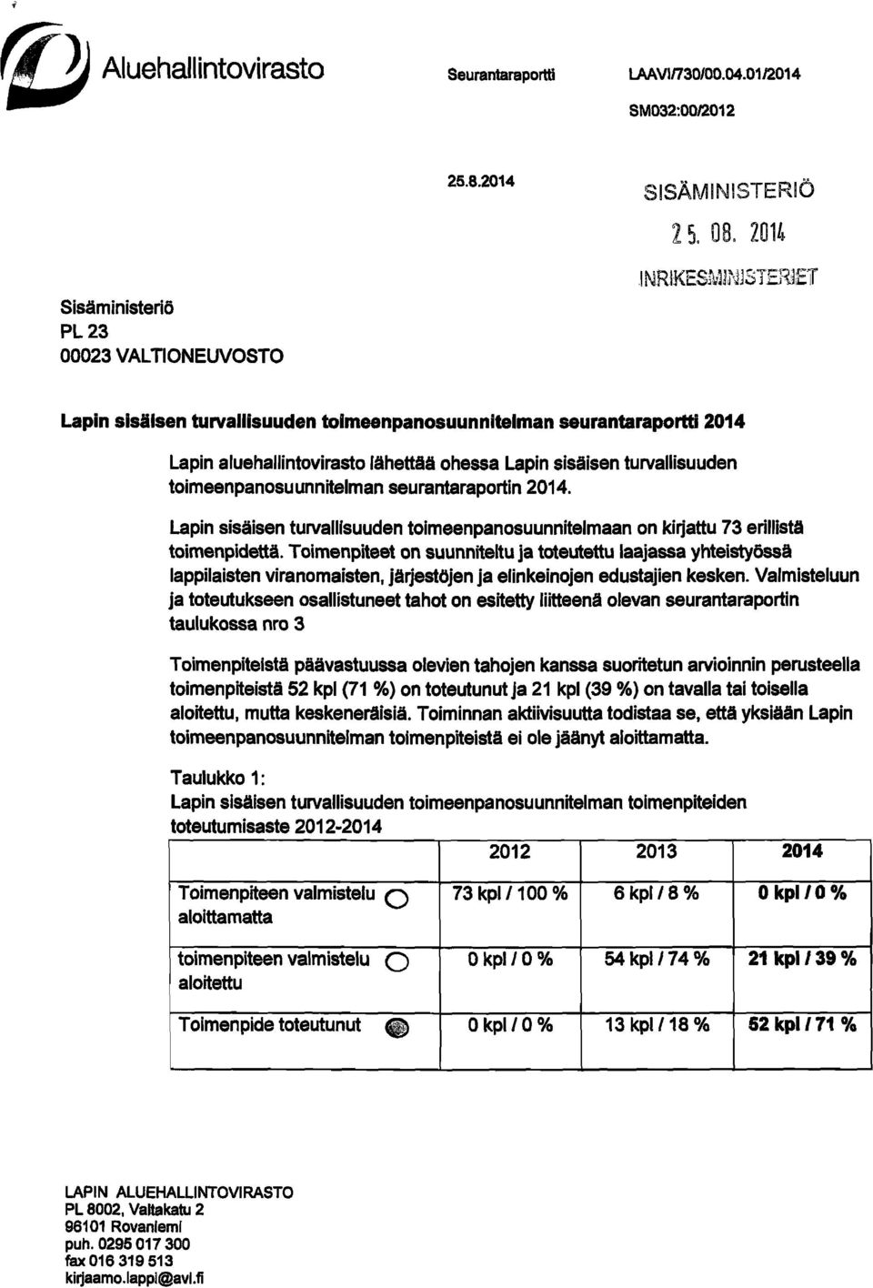 turvallisuuden toimeenpanosuunnitelman seurantaraportin. Lapin sisäisen turvallisuuden toimeenpanosuunnitelmaan on kirjattu 73 erillistä toimenpidettä.