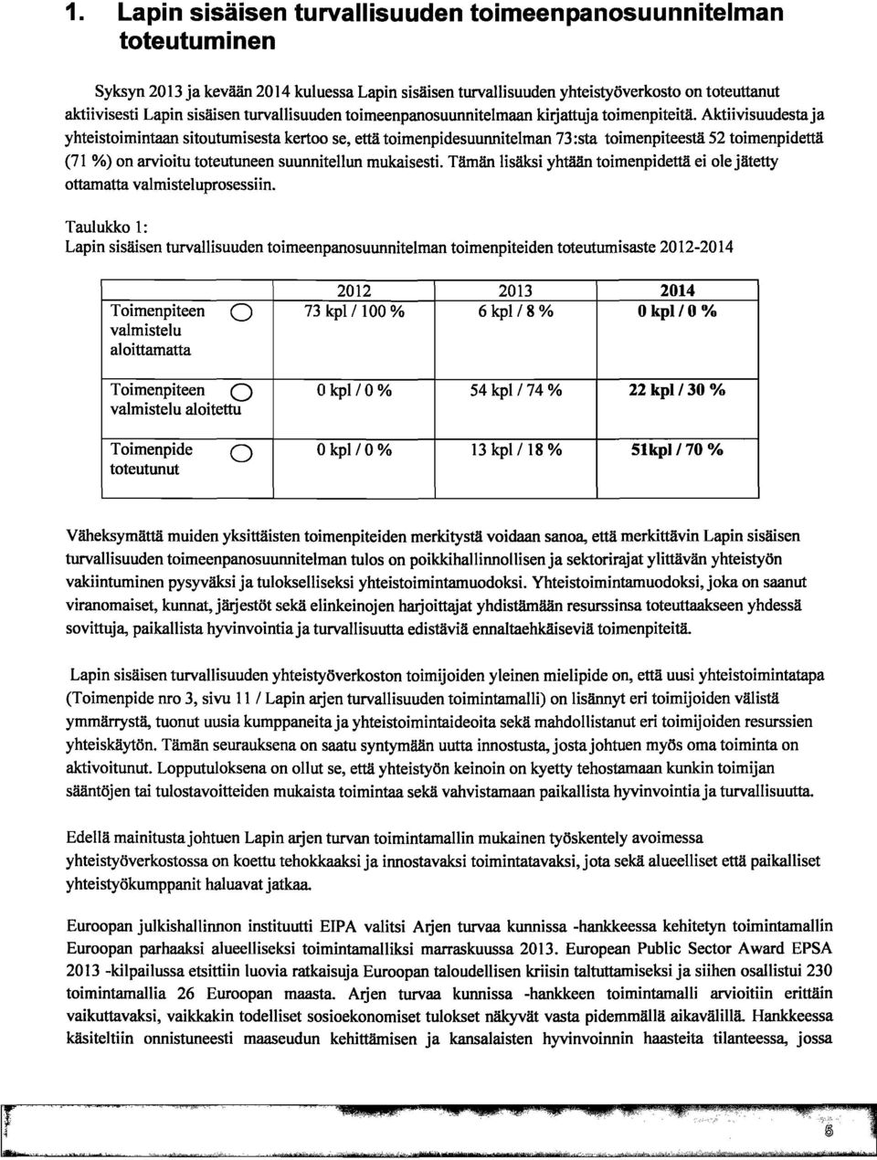 Aktiivisuudestaja yhteistoimintaan sitoutumisesta kertoo se, että toimenpidesuunnitelman 73:sta toimenpiteestä 52 toimenpidettä (71 %) on arvioitu toteutuneen suunnitellun mukaisesti.