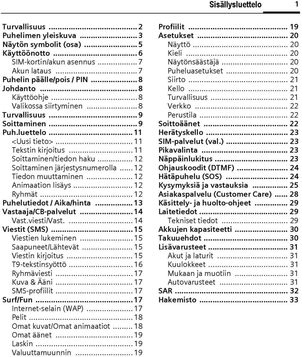 .. 12 Soittaminen järjestysnumerolla... 12 Tiedon muuttaminen... 12 Animaation lisäys... 12 Puhelutiedot / Aika/hinta... 13 Vastaaja/CB-palvelut... 14 Vast.viesti/Vast.... 14 Viestit (SMS).