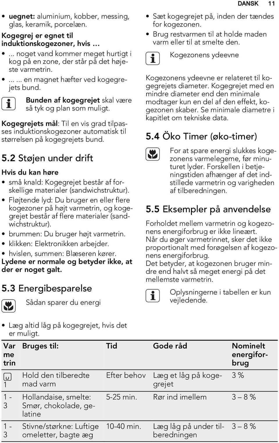 Kogegrejets mål: Til en vis grad tilpasses induktionskogezoner automatisk til størrelsen på kogegrejets bund. 5.