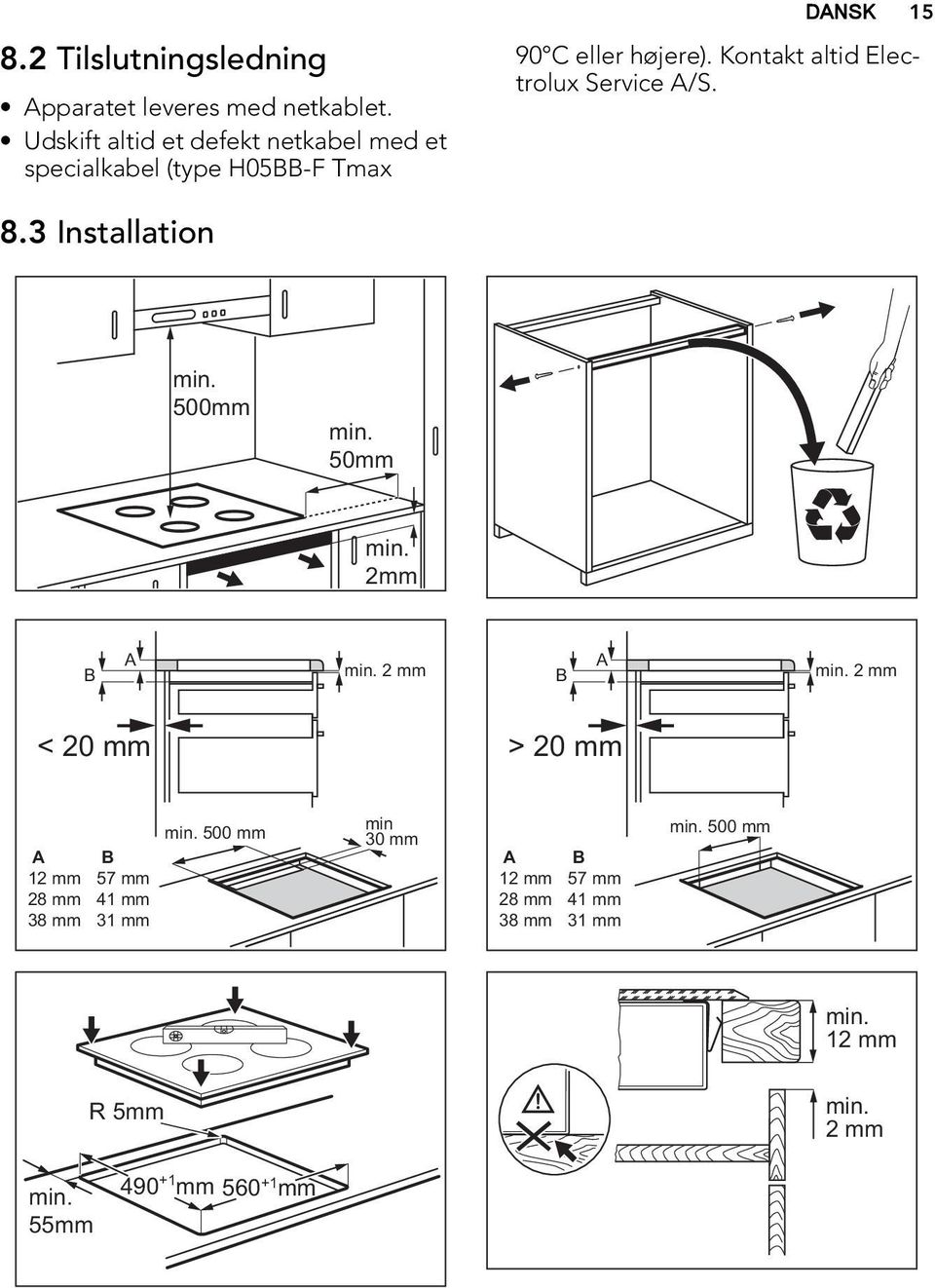 Kontakt altid Electrolux Service A/S. 8.3 Installation min. 500mm min. 50mm min. 2mm B A min. 2 mm B A min.