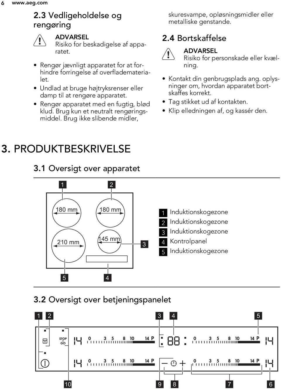 Brug ikke slibende midler, skuresvampe, opløsningsmidler eller metalliske genstande. 2.4 Bortskaffelse ADVARSEL Risiko for personskade eller kvælning. Kontakt din genbrugsplads ang.