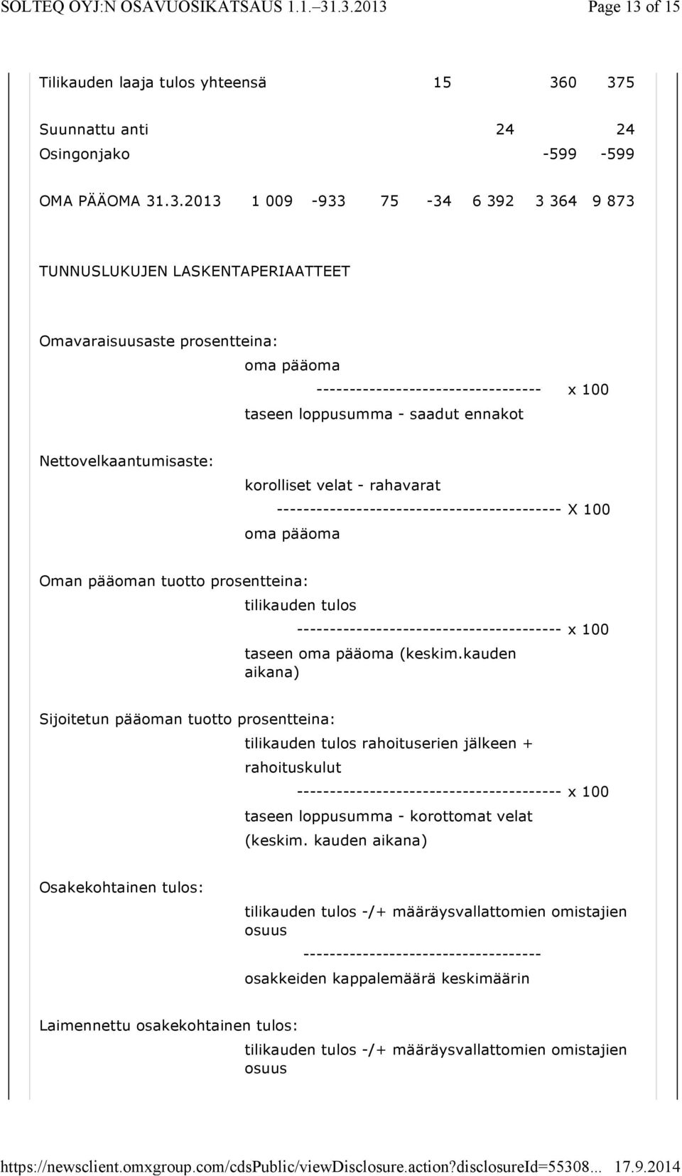 0 375 Suunnattu anti 24 24 Osingonjako -599-599 OMA PÄÄOMA 31.3.2013 1 009-933 75-34 6 392 3 364 9 873 TUNNUSLUKUJEN LASKENTAPERIAATTEET Omavaraisuusaste prosentteina: oma pääoma