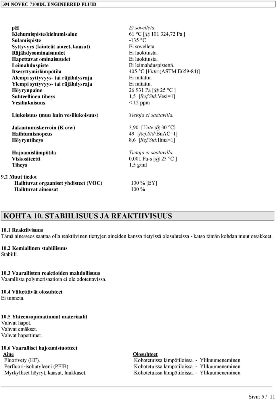 Ylempi syttyvyys- tai räjähdysraja Ei mitattu. Höyrynpaine 26 931 Pa [@ 25 C ] Suhteellinen tiheys 1,5 [Ref.
