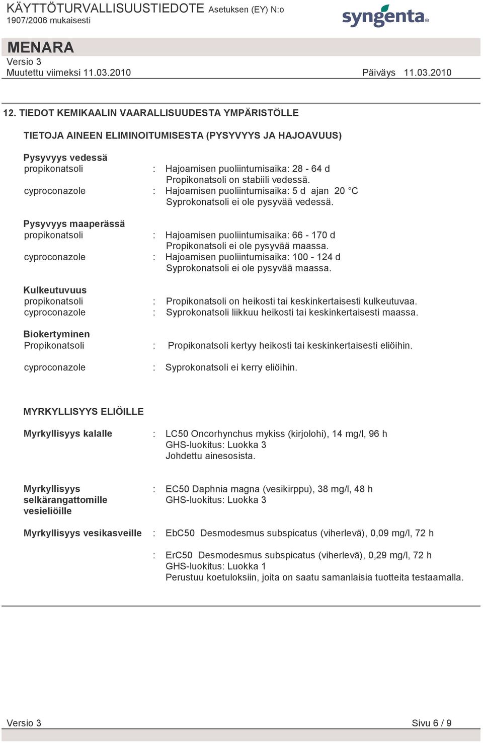 Pysyvyys maaperässä propikonatsoli cyproconazole : Hajoamisen puoliintumisaika: 66-170 d Propikonatsoli ei ole pysyvää maassa.