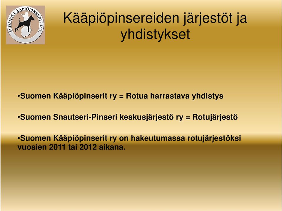 Rotujärjestö Suomen Kääpiöpinserit ry on hakeutumassa rotujärjestöksi Suomen