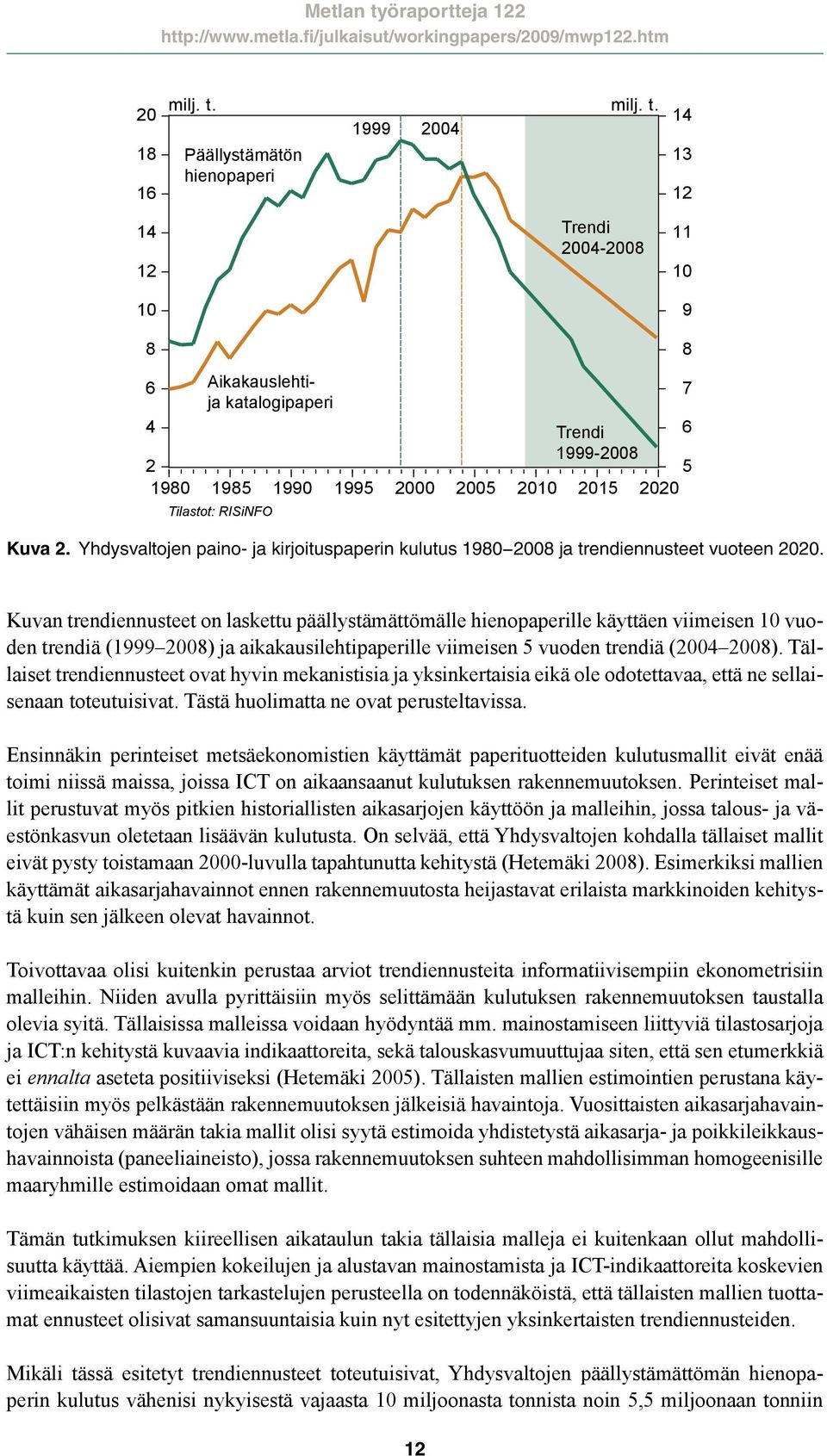 1999 2004 Päällystämätön hienopaperi Trendi 2004-2008 14 13 12 11 10 9 8 6 Aikakauslehtija katalogipaperi 7 4 Trendi 6 2 1999-2008 5 1980 1985 1990 1995 2000 2005 2010 2015 2020 Tilastot: RISiNFO