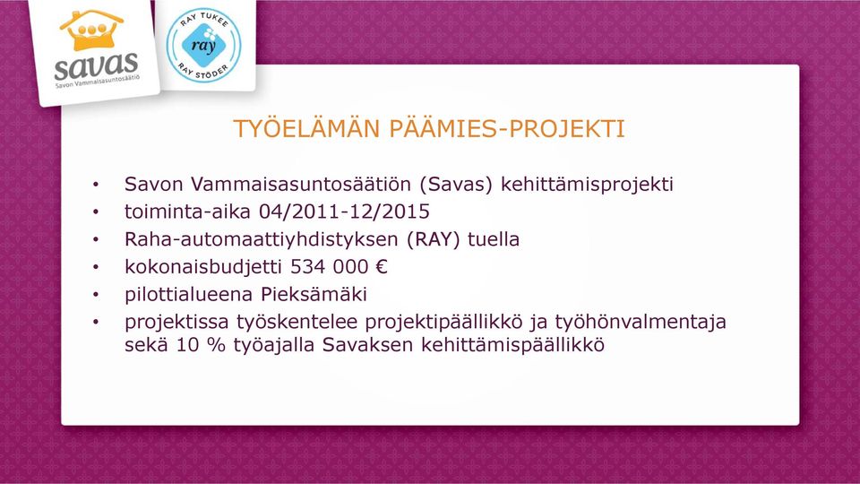 (RAY) tuella kokonaisbudjetti 534 000 pilottialueena Pieksämäki projektissa