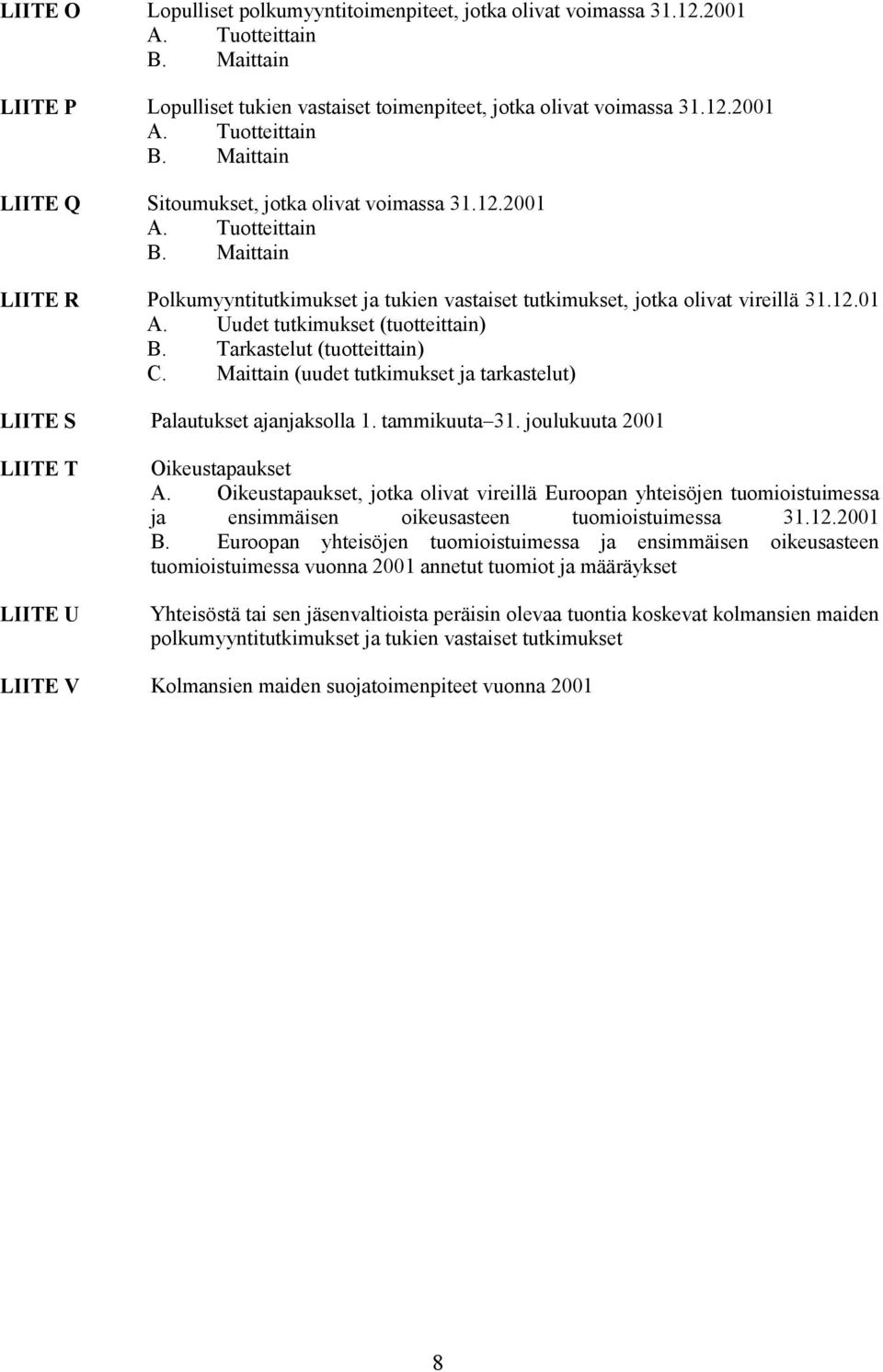 Maittain (uudet tutkimukset ja tarkastelut) LIITE S Palautukset ajanjaksolla 1. tammikuuta 31. joulukuuta 2001 LIITE T LIITE U Oikeustapaukset A.