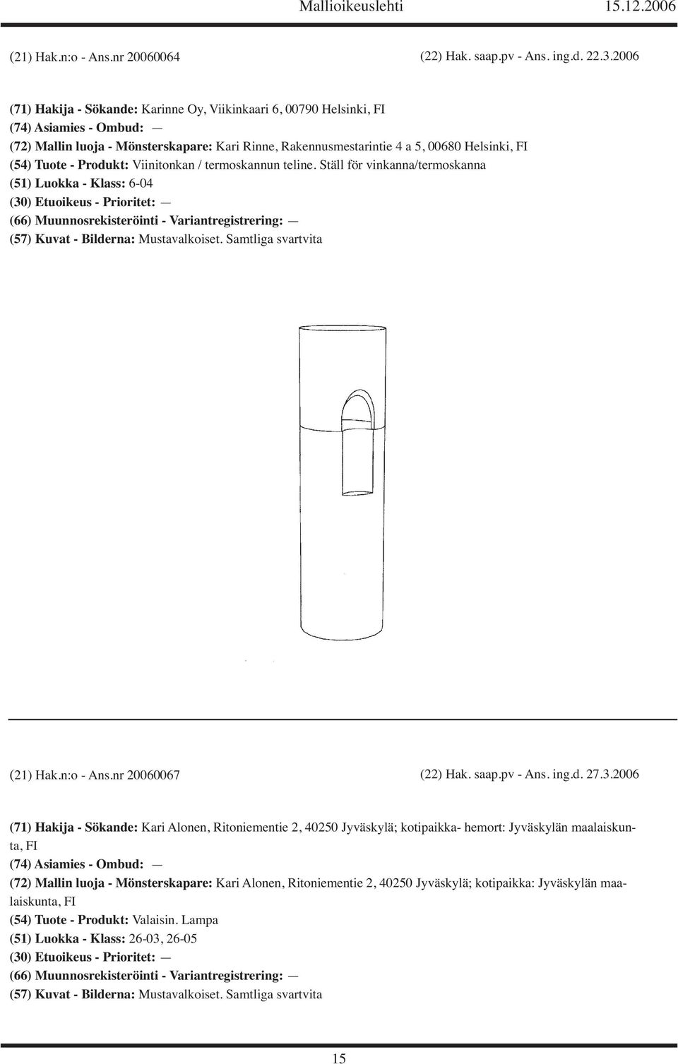 Tuote - Produkt: Viinitonkan / termoskannun teline. Ställ för vinkanna/termoskanna (51) Luokka - Klass: 6-04 (21) Hak.n:o - Ans.nr 20060067 (22) Hak. saap.pv - Ans. ing.d. 27.3.