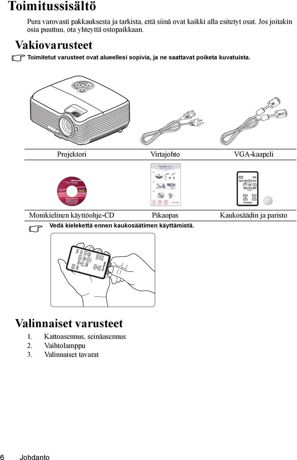 Vakiovarusteet Toimitetut varusteet ovat alueellesi sopivia, ja ne saattavat poiketa kuvatuista.