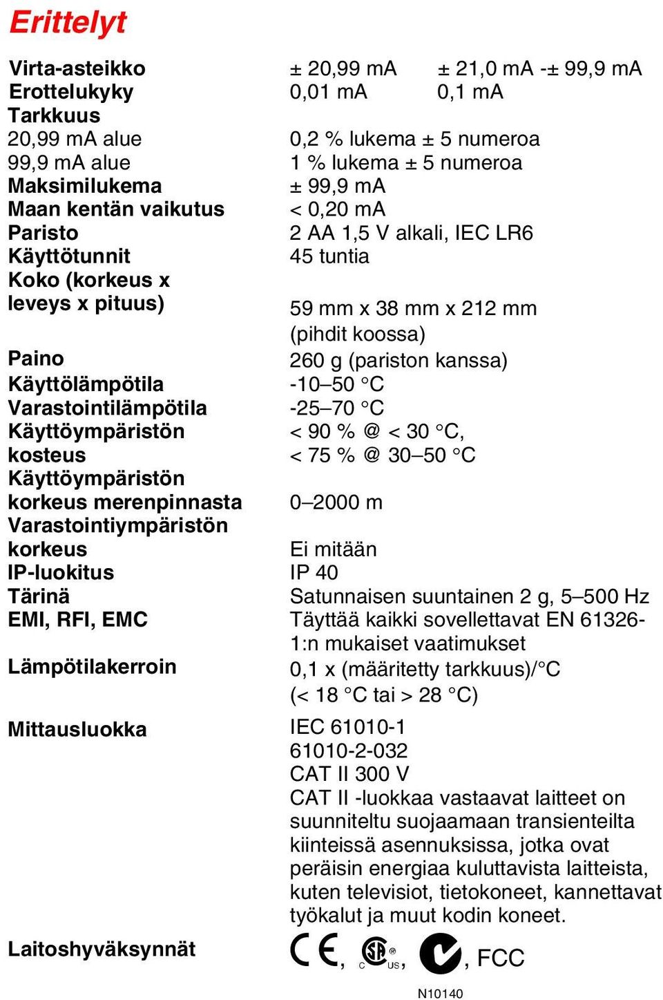 Käyttölämpötila -10 50 C Varastointilämpötila -25 70 C Käyttöympäristön kosteus < 90 % @ < 30 C, < 75 % @ 30 50 C Käyttöympäristön korkeus merenpinnasta 0 2000 m Varastointiympäristön korkeus Ei