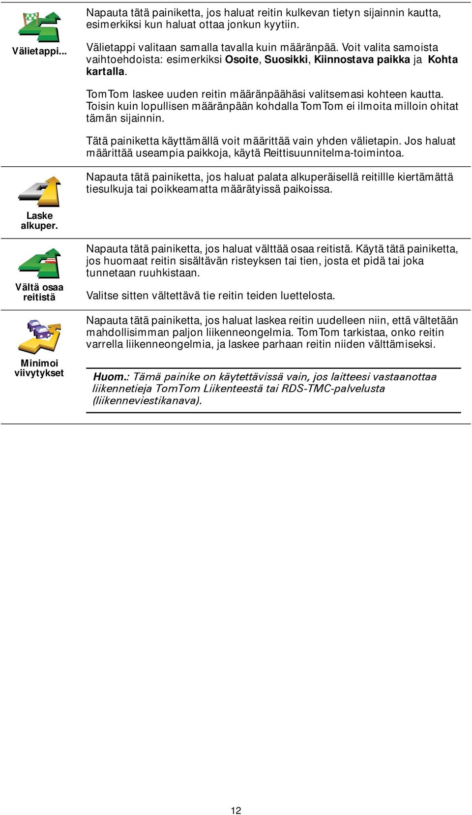 Toisin kuin lopullisen määränpään kohdalla TomTom ei ilmoita milloin ohitat tämän sijainnin. Tätä painiketta käyttämällä voit määrittää vain yhden välietapin.