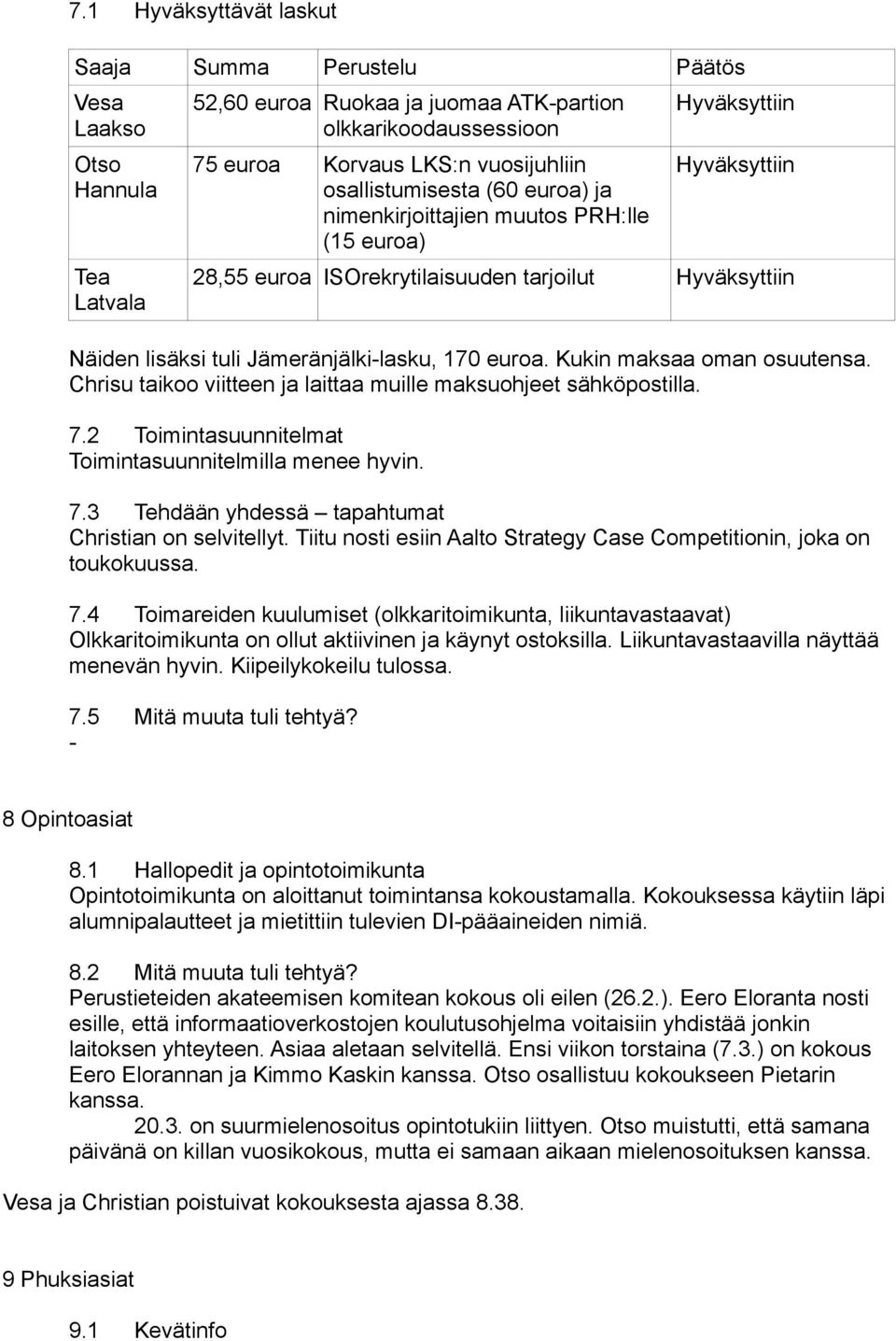 euroa. Kukin maksaa oman osuutensa. Chrisu taikoo viitteen ja laittaa muille maksuohjeet sähköpostilla. 7.2 Toimintasuunnitelmat Toimintasuunnitelmilla menee hyvin. 7.3 Tehdään yhdessä tapahtumat Christian on selvitellyt.