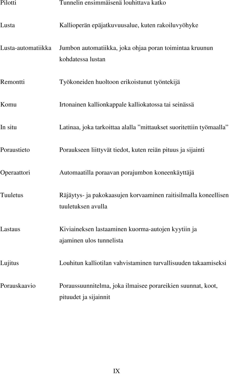 Poraukseen liittyvät tiedot, kuten reiän pituus ja sijainti Operaattori Automaatilla poraavan porajumbon koneenkäyttäjä Tuuletus Räjäytys- ja pakokaasujen korvaaminen raitisilmalla koneellisen