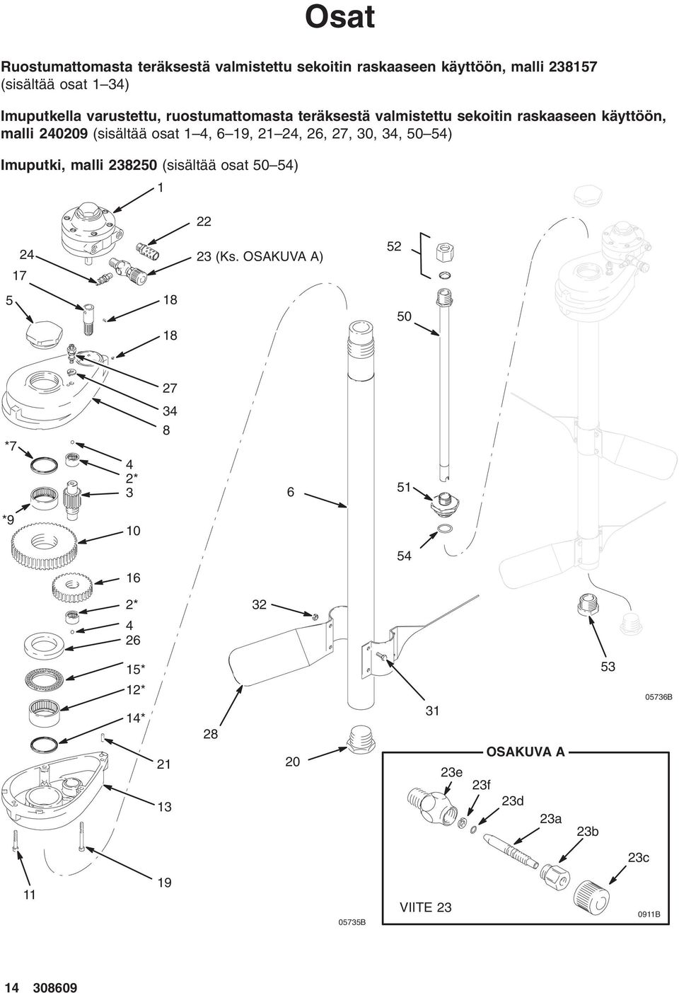 26, 27, 30, 34, 50 54) Imuputki, malli 238250 (sisältää osat 50 54) 1 22 17 24 23 (Ks.