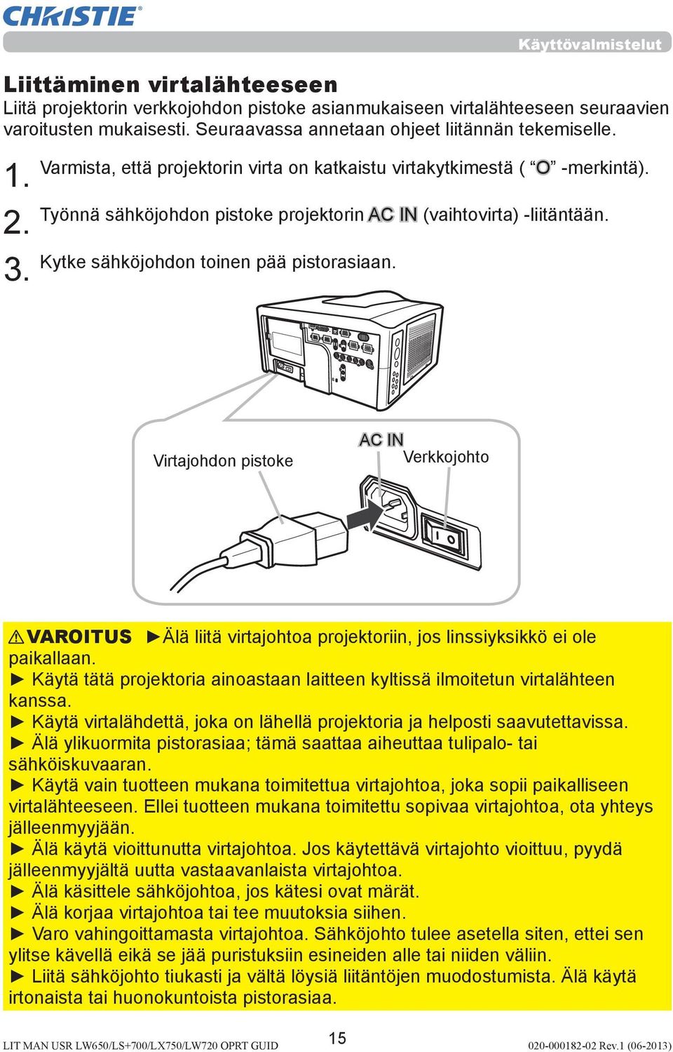 Työnnä sähköjohdon pistoke projektorin AC IN (vaihtovirta) -liitäntään. Kytke sähköjohdon toinen pää pistorasiaan.