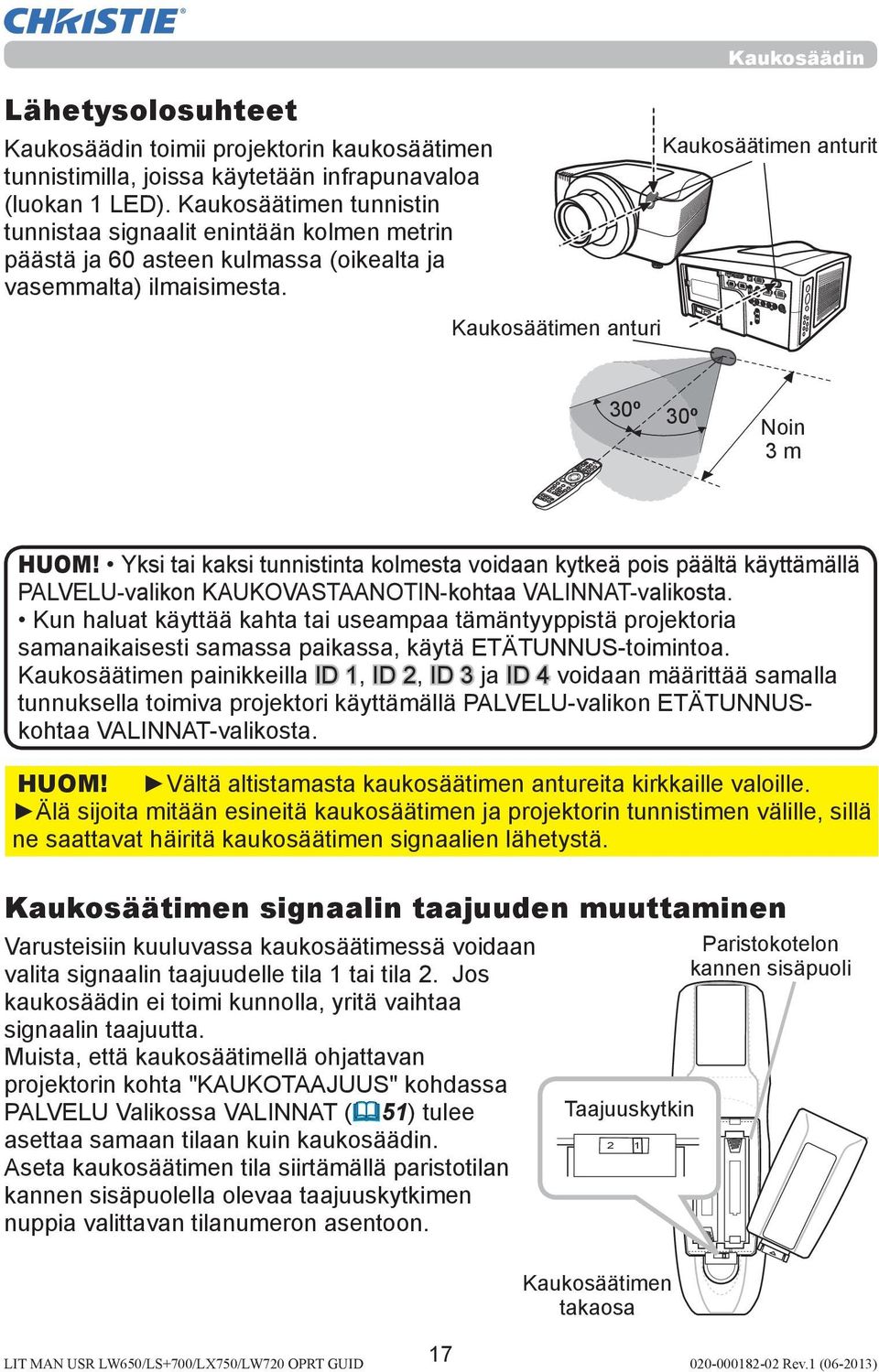 Kaukosäätimen tunnistin tunnistaa signaalit enintään kolmen metrin päästä ja 60 asteen kulmassa (oikealta ja vasemmalta) ilmaisimesta.