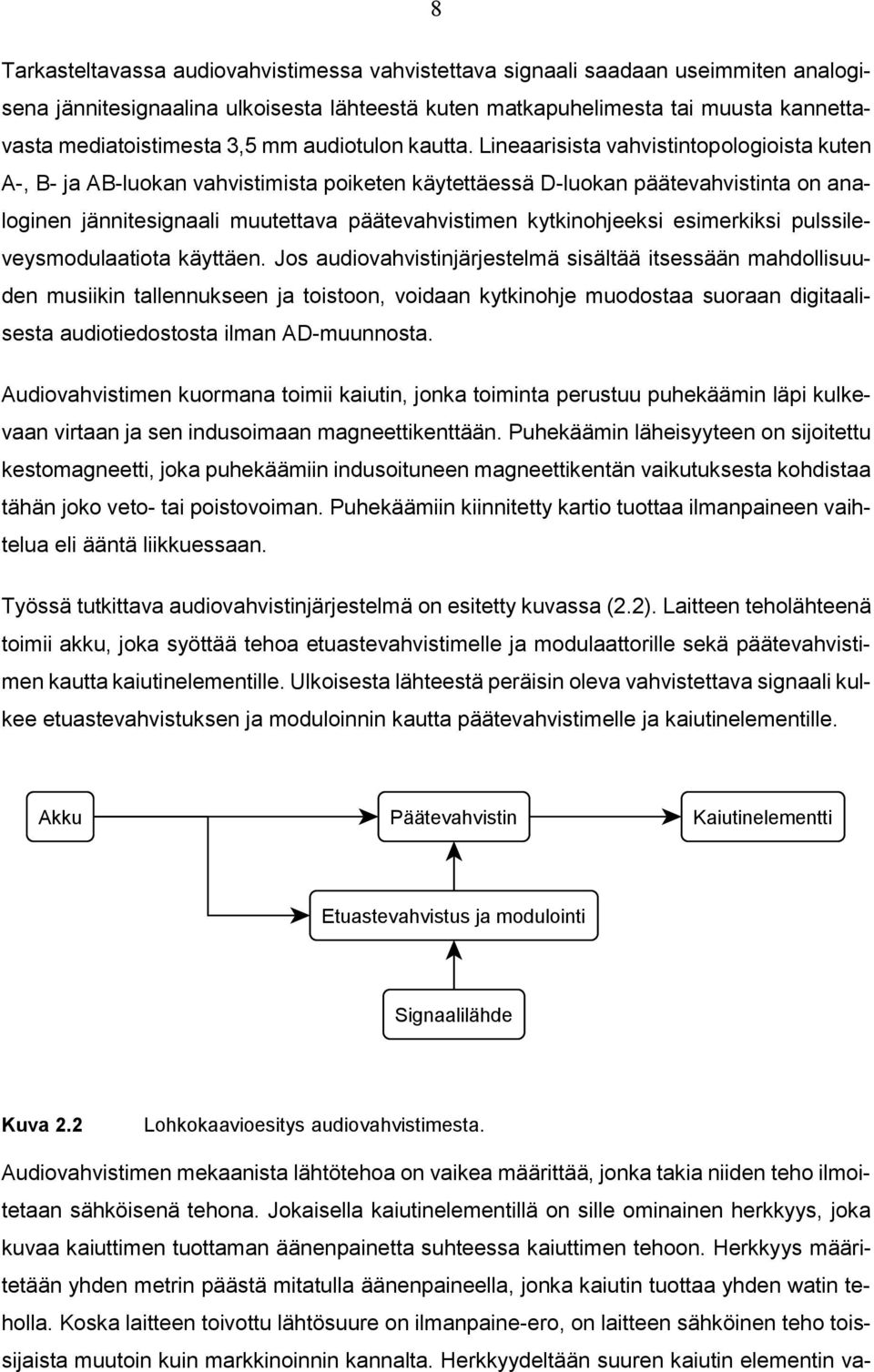 Lineaarisista vahvistintopologioista kuten A-, B- ja AB-luokan vahvistimista poiketen käytettäessä D-luokan päätevahvistinta on analoginen jännitesignaali muutettava päätevahvistimen kytkinohjeeksi