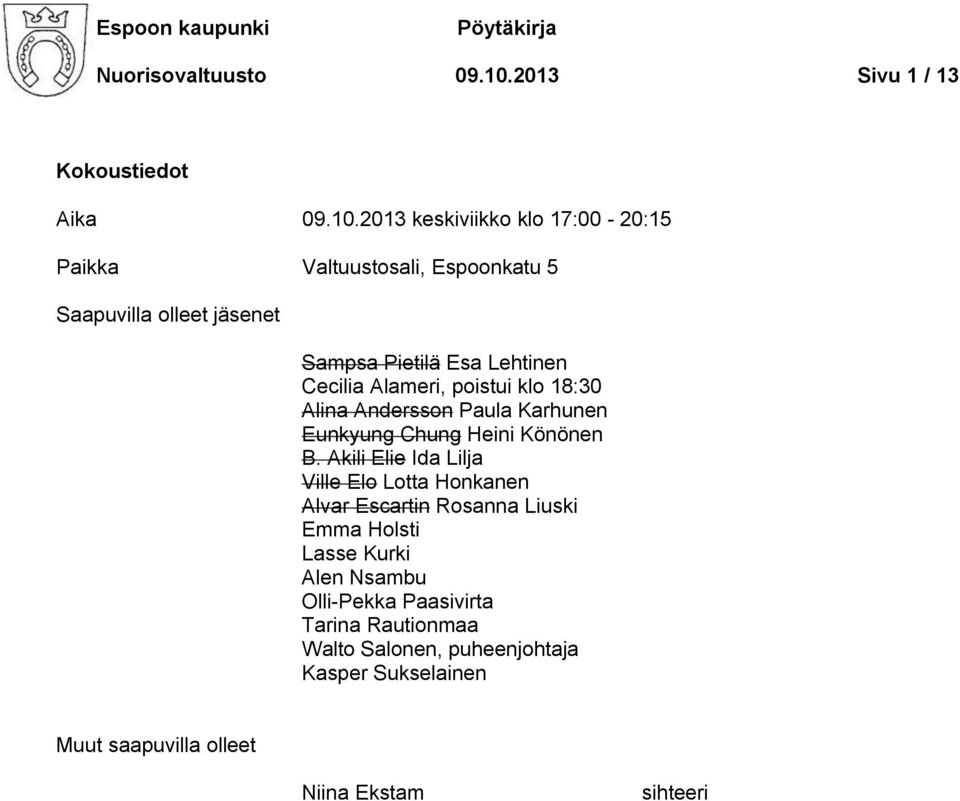 2013 keskiviikko klo 17:00-20:15 Paikka Valtuustosali, Espoonkatu 5 Saapuvilla olleet jäsenet Sampsa Pietilä Esa Lehtinen Cecilia Alameri,