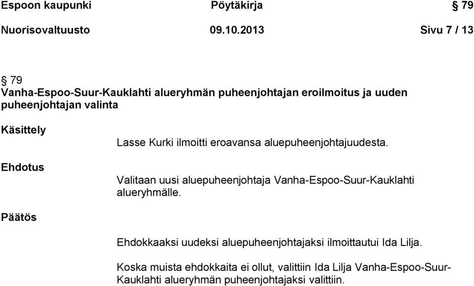 Käsittely Lasse Kurki ilmoitti eroavansa aluepuheenjohtajuudesta.