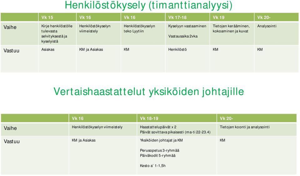 Henkilöstö KM KM Analysointi Vertaishaastattelut yksiköiden johtajille Vk 16 Vk 18-19 Vk 20- Vaihe Henkilöstökyselyn viimeistely Haastattelupäivät x 2 Päivät