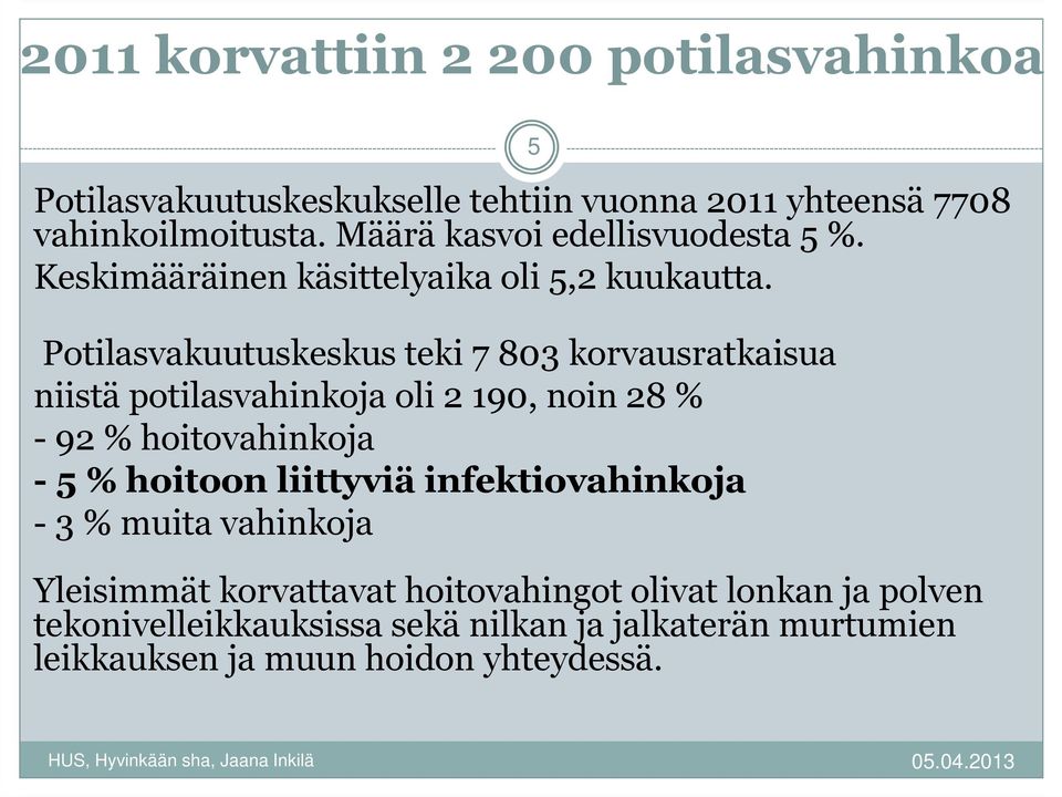 Potilasvakuutuskeskus teki 7 803 korvausratkaisua niistä potilasvahinkoja oli 2 190, noin 28 % - 92 % hoitovahinkoja - 5 % hoitoon