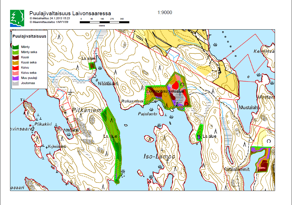 Kartta 2: Laivonsaaren suojelualueiden puulajivaltaisuus