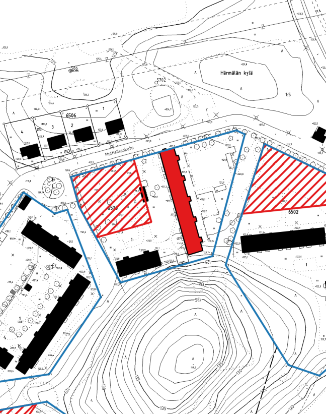 Korttelikohtaiset täydennysrakentamisen viitteelliset tarkastelut Kortteli 6502 Multisillankatu 3 Uuden rakentamisen määrä: 4100 kem² Uusien asukkaiden määrä: 80 as kaksi 6-kerroksista kerrostaloa.