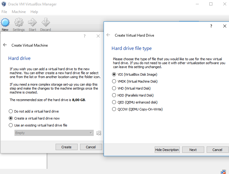 10 Sitten luodaan virtuaalikovalevy, jonka kooksi laitetaan 10 gigatavua ja tyypiksi asetetaan VDI (VirtualBox Disk Image) KUVA4. VirtualBoxin virtuaalikovalevyn luonti.