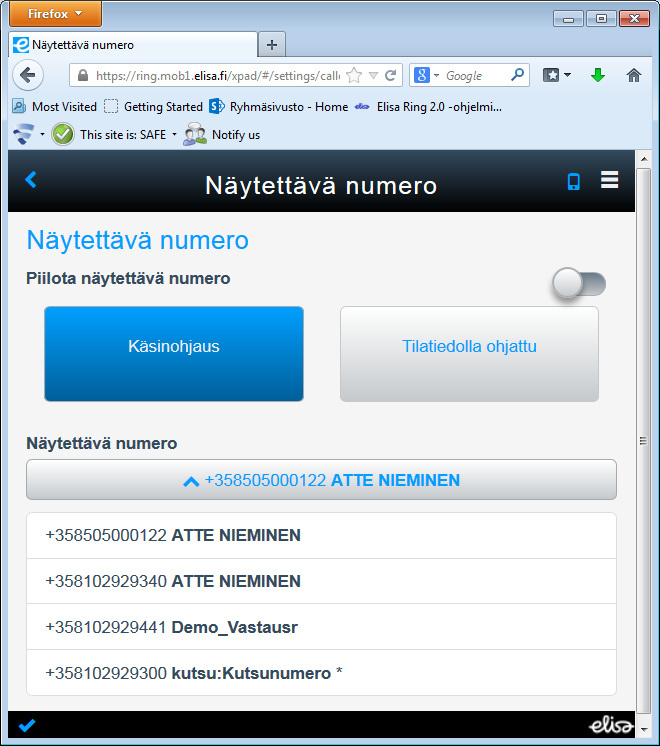 Näytettävän numeron muuttaminen Hallintaliittymästä voit valita, mitä numeroa käytät ulospäin soitettaessa: - Voit valita: - oman matkapuhelinnumeron - Oman yritysnumeron - Sarjojen numerot, joissa