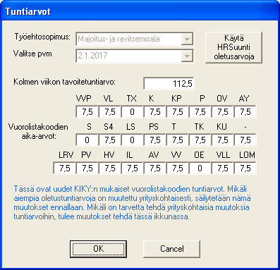 * Tuntiarvot - ikkunassa, Kikyn mukaiset uudet vuorolistakoodien tuntiarvot ovat muutettavissa.