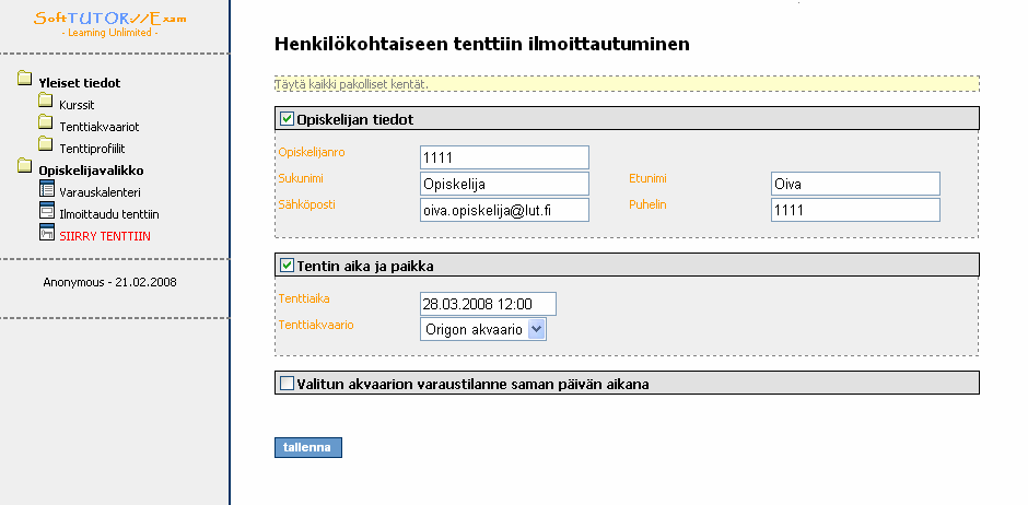 6 2. Valitse tenttiaika tenttiakvaarion aukioloaikojen puitteissa ja tenttiakvaarioksi Origon akvaario (kuva 5).