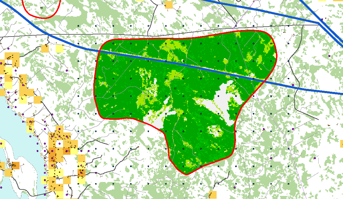 Esim. alue 17 (Korpilevonmäki; Köyliö & Huittinen): Voimalaverkko