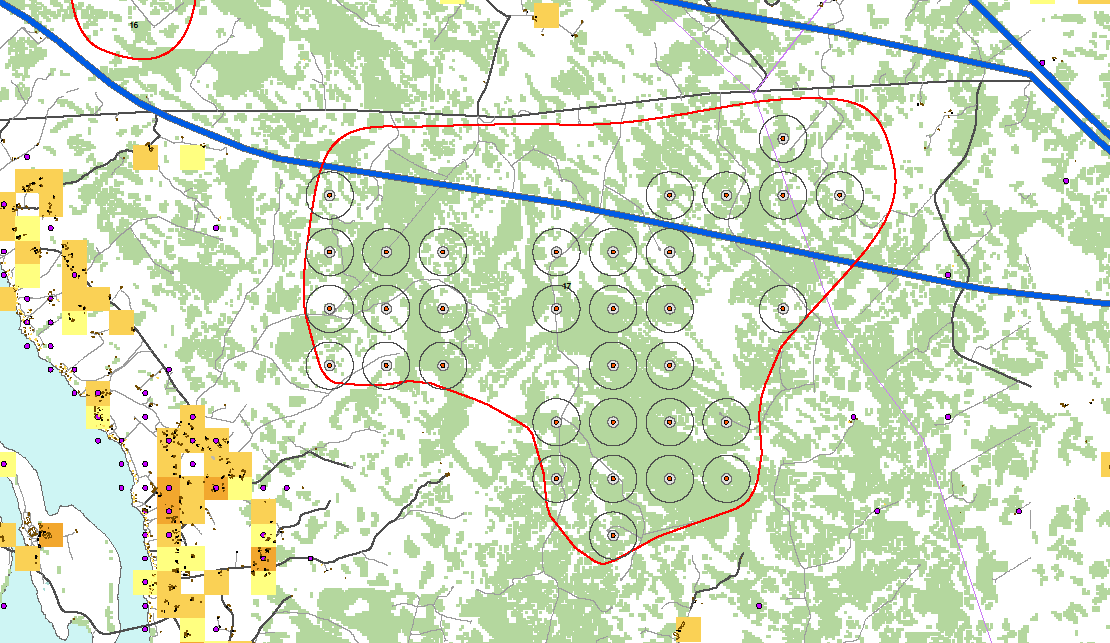 Pisteitä poistettu avosoilta, teiden läheltä, voimalinjojen läheltä.