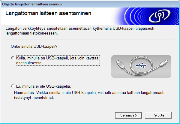 Laitteen määritys langatonta verkkoa varten d Kaksoisosoita Ohjattu langattoman laitteen asennus.