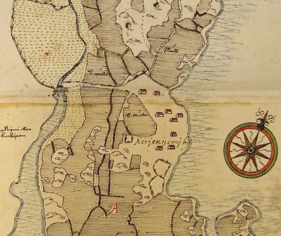 6 Kartat Viemärilinjaus vihreällä, kylätontit punaisella Kärjenniemen