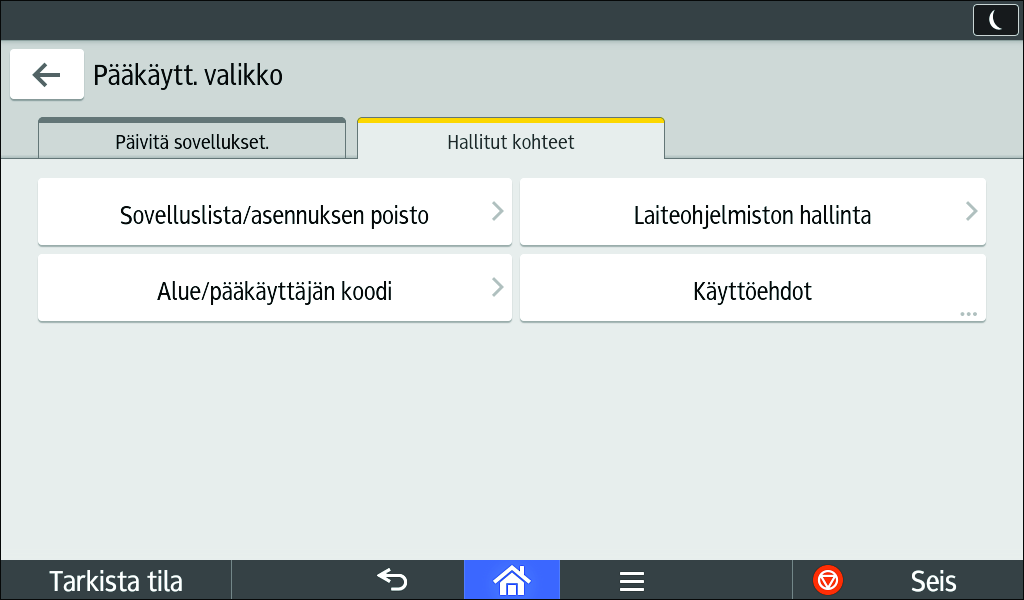 Hallittujen kohteiden näyttö Hallittujen kohteiden näyttö Pääkäyttäjän valikon hallittujen kohteiden näytössä voit sovellusten poistamisen lisäksi päivittää laiteohjelmistoja, määrittää pääkäyttäjän