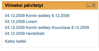 4.12 Viimeksi päivitetyt Viimeksi päivitetty moduuli listaa Kontin viimeksi päivitetyt sivut. Katso kaikki -linkki vie sivulle, jossa on listattuna kaikki viikon aikana päivitetyt Kontin sivut.